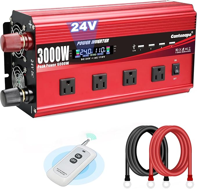 3000W Power Inverter 24V to 110V/120V DC to AC with LCD Display, Remote Controller 4 x AC Outlets and 4 x 3.1A USB Car Adapter for Car Truck Boat RV Solar System