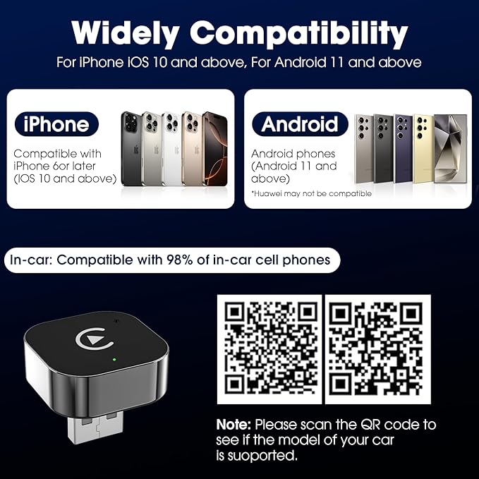 Wireless Carplay Adapter & Android Auto 2025 Upgrade Wired CarPlay to Wireless,2-in-1 Mini USB Design with Fast Stable Connection Car Play for Apple iOS 10+, Android 11+ Version