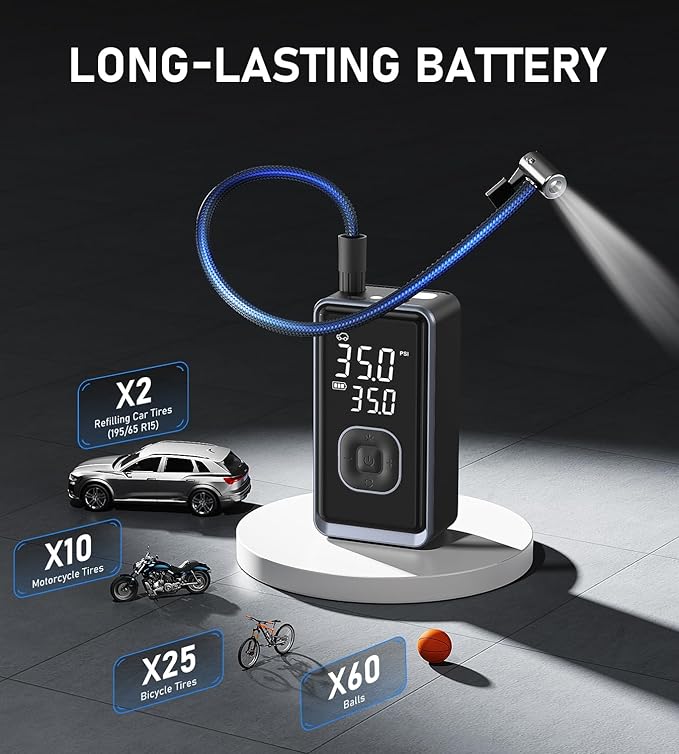 Tire Inflator Portable Air Compressor, 150PSI Cordless Mini Air Pump with Digital Pressure, Bike Pump, 3X Fast Inflation Tire Inflator for Car, Motorcycle, Bike, Ball-LED Light and Auto Shut-Off