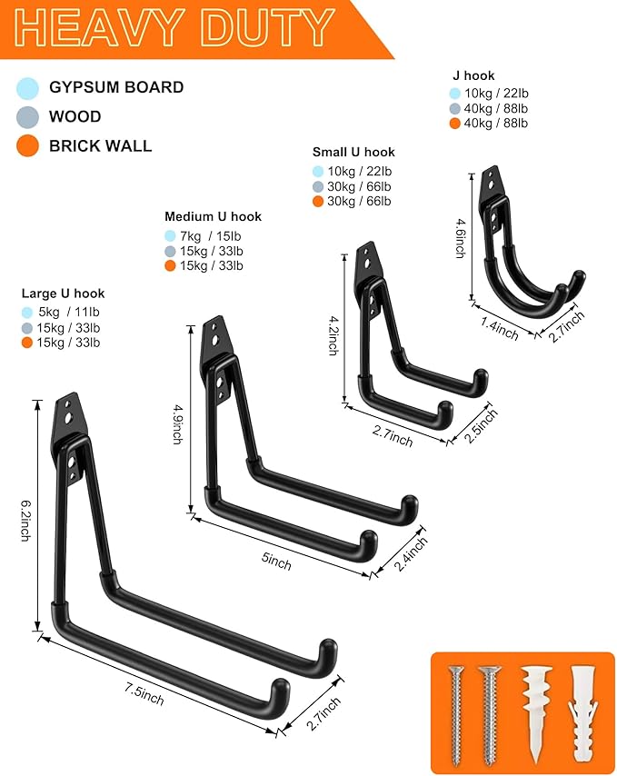 QcoQce 12 Pack Garage Hooks Heavy Duty, Wall Mount Utility Hooks with Extension Cord Straps, Anti-Slip Coating for Bike, Ladder, Hose, Garage Organization, Includes Screws (Black)