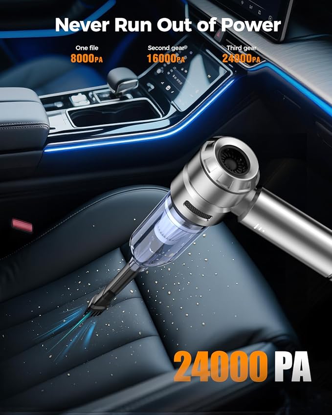 Car Vacuum,3 Suction Modes,Portable Mini Cordless Cleaner with 24000pa Suction Power,Type-C Charge,Handheld Vacuum for Home,Car, Office Desk, Keyboards(Silver White)