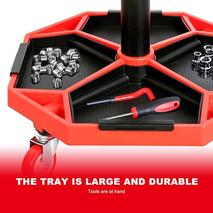 Torin ATRXF8308B Pneumatic Mechanic Stool/Rolling Shop Creeper Seat with Adjustable Height and 4 Removable Tool Trays, 300 lb Capacity, Black/Red