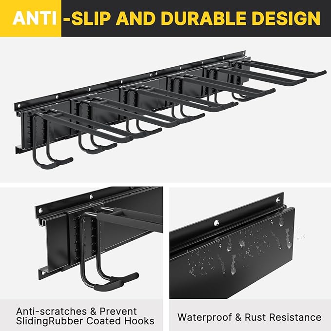 Garage Organization, Garage Tool Organizer Wall Mount with 48 inches Rails and 6 Double-layer Hooks, Tool Organizer Rack For Yard Tools, Shovel, Chair, Snowborad