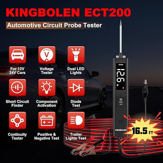 KINGBOLEN ECT200 Automotive Electrical Circuit Tester, 12V 24V Car Voltage Test Power Probe Tester, Component Activation, Continuity Test, Trailer Light Tester, Short Circuit Finder, 16.5FT Cable