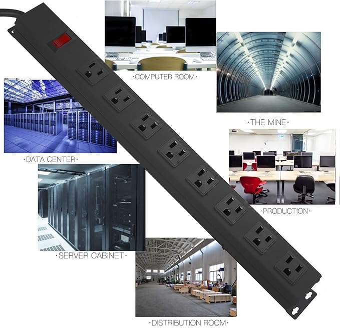 2Pack Metal 8 Outlet Mountable Power Strip, Wall Mount Outlet Heavy Duty, Wide Spaced Commercial Shop Power Strip with Switch, 3 FT SJT 14AWG Power Cord.