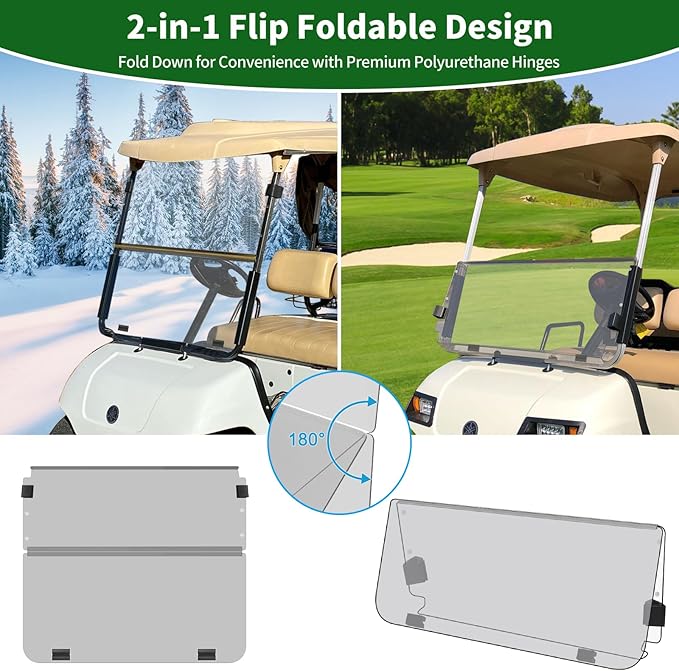Golf Cart Foldable Windshield 3/16" (5MM) Thicken Only Fits 2003-2006 Yamaha G22, Fits 1"×1" Strut Rail Front Folding Acrylic Windshield Replacement, Included Mounting Hardware - Clear