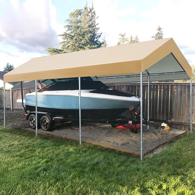 Carport Replacement Canopy Cover for 12' x 20' Car Tent Top Garage Shelter Cover Tarp with Ball Bungees (Only Top Cover, Frame Not Include) (Beige, 12' x 20')