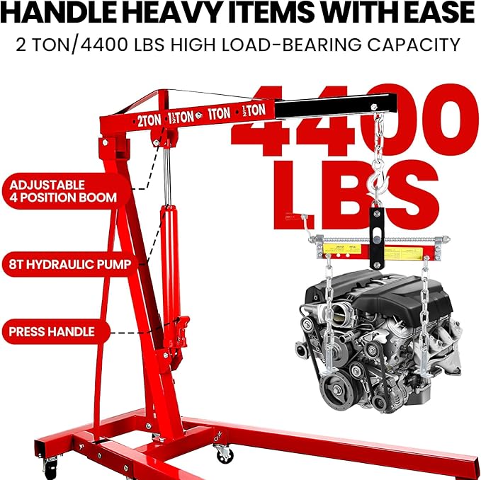 Engine Lift with Load Leveler,2T Heavy Duty Alloy Steel Folding Cherry Picker Engine Lift,Cherry Picker Workshop Crane,8Ton Hydraulic Engine Lift,Engine Lift for Workshop Warehouse Garage (Red)