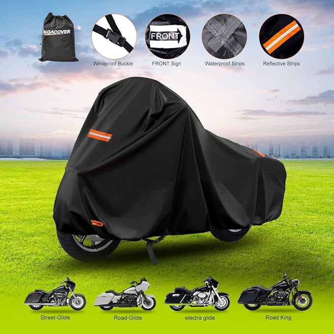 420D Motorcycle Cover for Harley Davidson Touring Models Road King, Road Glide, Street Glide, Electra Glide, Heritage Classic, Low Rider Outdoor Bike Cover Waterproof Fits up to 118” Motorcycle