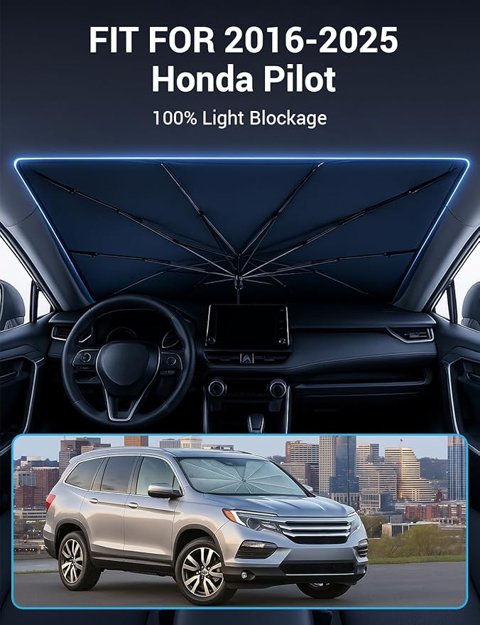 Proadsy Windshield Sun Shade Umbrella for Honda Pilot 2016-2025 2026 Foldable Car Umbrella Sunshade with Soft TPU Handle Spring Structure Crystal Cooling Material Protect Car from Rays & Heat