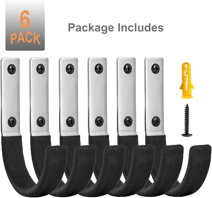 6 Pcs Garage Storage Utility Hook, Upgraded Ladder Hangers, Shed J-Hooks, Heavy Duty Ladder Tool Holders for Garage Wall, Black Wall Hooks for Hanging Tools, Bikes, Hose, Shovels, Rakes