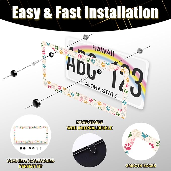 Colorful Dog Paws License Plate Frame Animal Dogs License Plate Holder Stainless Steel Funny Design with 2 Holes and Screws 12.3" x 6.3"
