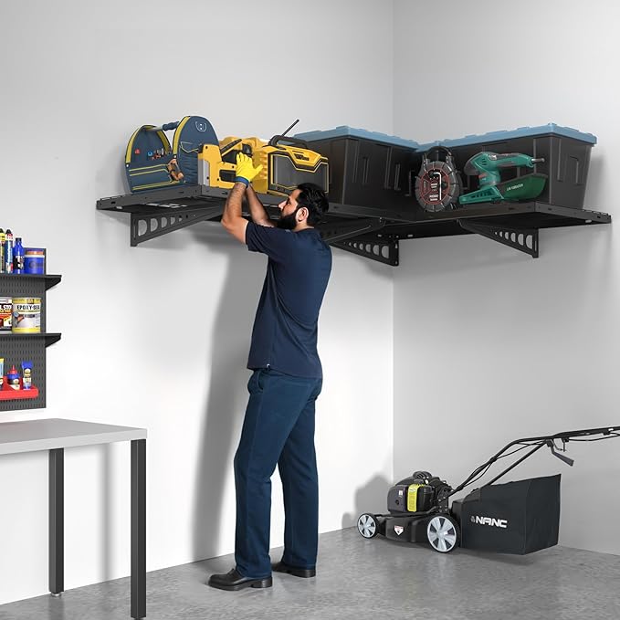 FLEXIMOUNTS 2 Pack 2x4ft Corner Wall Shelving Garage Storage Rack, 24x48 inch Floating Shelves, 440lbs Total Weight Capacity, Black