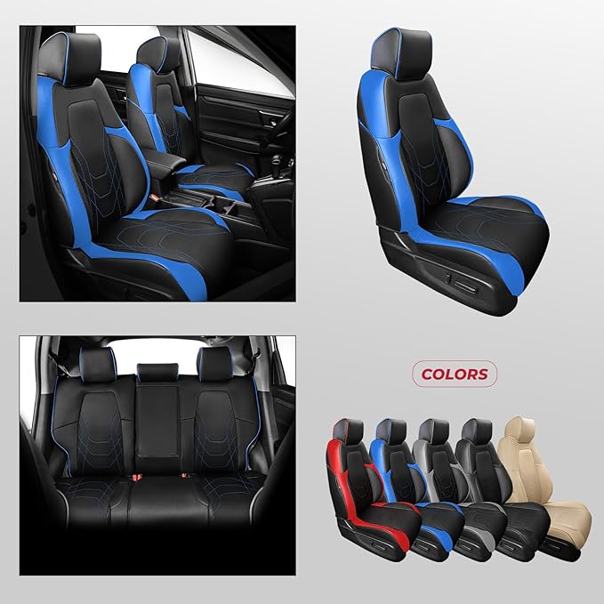 FREESOO CRV Seat Covers Full Set, for Honda CRV LX EX EX-L Sport Touring Hybrid 2017 2018 2019 2020 2021 2022, Custom Fit Car Seat Covers, Waterproof Leather Seat Covers, Black & Blue