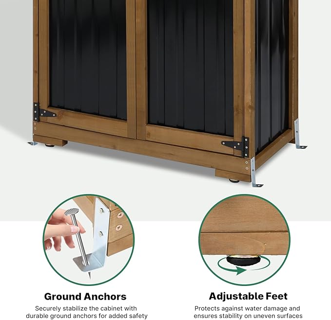 Outdoor Storage Cabinet Wood & Metal, Tall Tool Shed with Weatherproof, Double Lockable Doors, Removable 3 Shelves, Adjustable Feet for Patio, Garden, Backyard, Lawn, 32" x 15.5" x 66" (Brown)