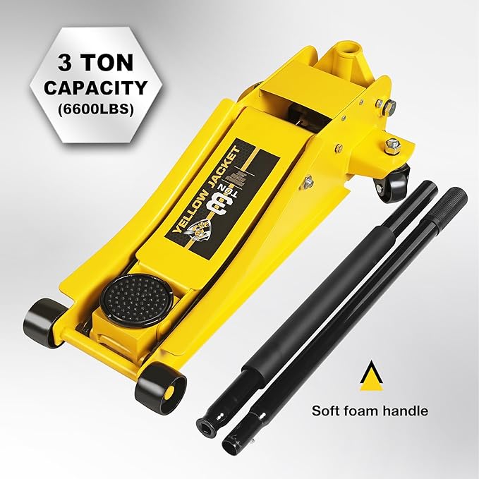 YELLOW JACKET 3 Ton Hydraulic Floor Jack Dual Pump for Quickly Car Lift, Low Profile Service Jack, 6600 lb Capacity