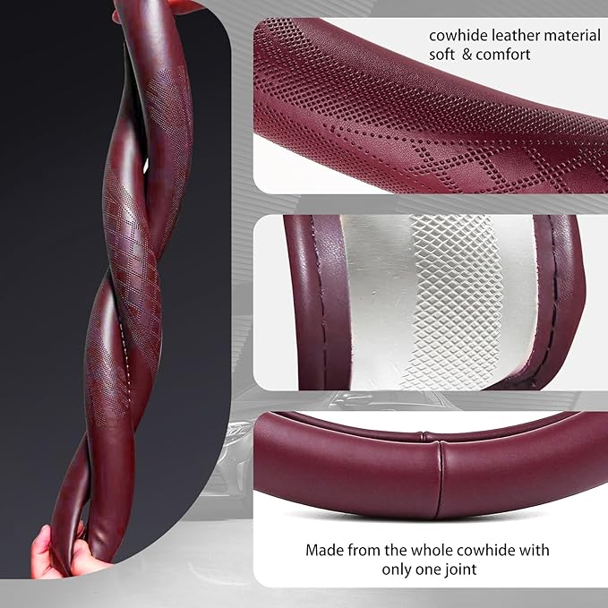 【2025 Model】 High-Grade Real Cowhide Steering Wheel Cover for Men Women，Wine Red Genuine Leather Steering Wheel Cover for Cars,Universal 14.5-15 inch Steering Wheels,Grid & Square Motif