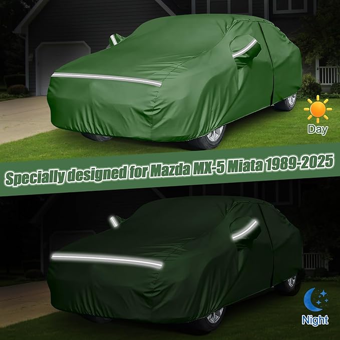BOSSTONE Car Cover Custom Fit for Mazda MX-5 Miata 1989-2025, Waterproof All Weather for Automobiles Full Exterior Cover Rain Sun Snow Protector with Door Zipper (Green)