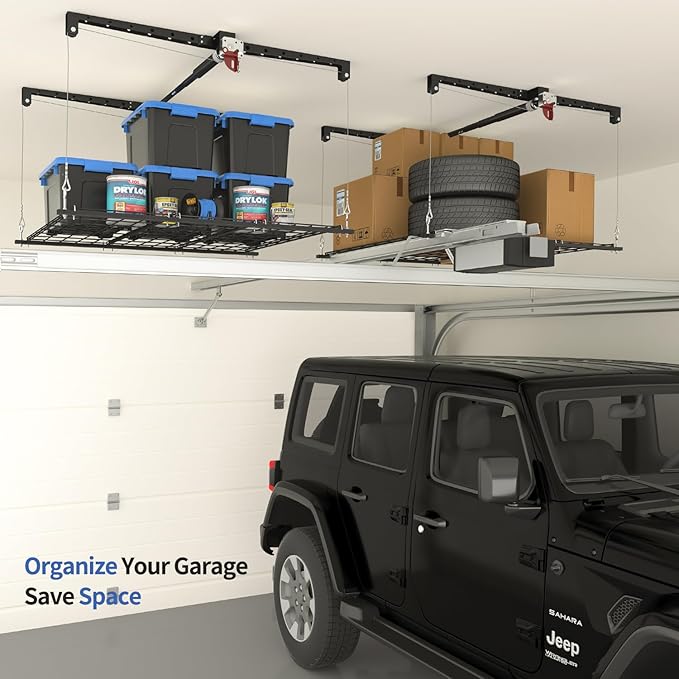Overhead Garage Storage Rack, Heavy-duty 4x4 Ft Ceiling Storage Racks with Safety Lock, Ideal for Garage Storage Mounted Lift System and Storage Organizer, 250lbs Capacity