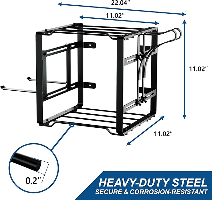Pugala Universal Storage Rack for Leaf Blower, Weed Eater, and Power Tools – Adjustable Wall Mount Organizer with Heavy-Duty Steel, Powder-Coated Finish, and Battery Storage – Black