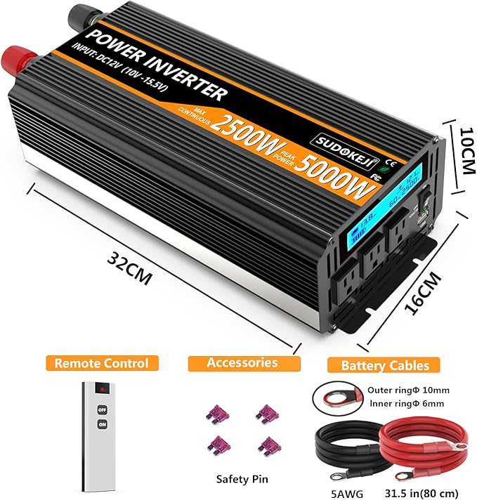 SUDOKEJI 2500W Power Inverter 12V DC to AC 110V/120V (Peak) 5000W Converter 3 sockets car Inverter with Remote Control and LED Display 3.4v USB Port