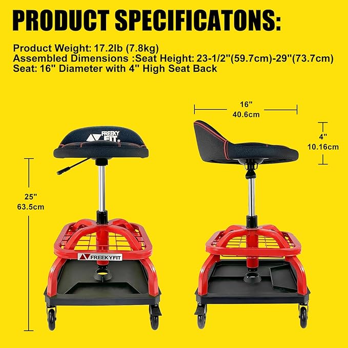 Rolling Shop Stool with Wheels, Garage Work Mechanic Stool with Backrest, Roller Mechanic Chair, Adjustable Height, 360° Swivel, Tool Tray Storage, 330 LBS Capacity, Heavy Duty, Red