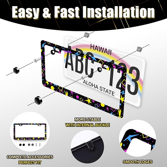 Psychedelic Stars License Plate Frame Colorful Galaxy License Plate Holder Stainless Steel Front and Rear Car Tags Auto Parts Funny License Plate Decoration with Screws for Men Women 12.2"x 6.2"