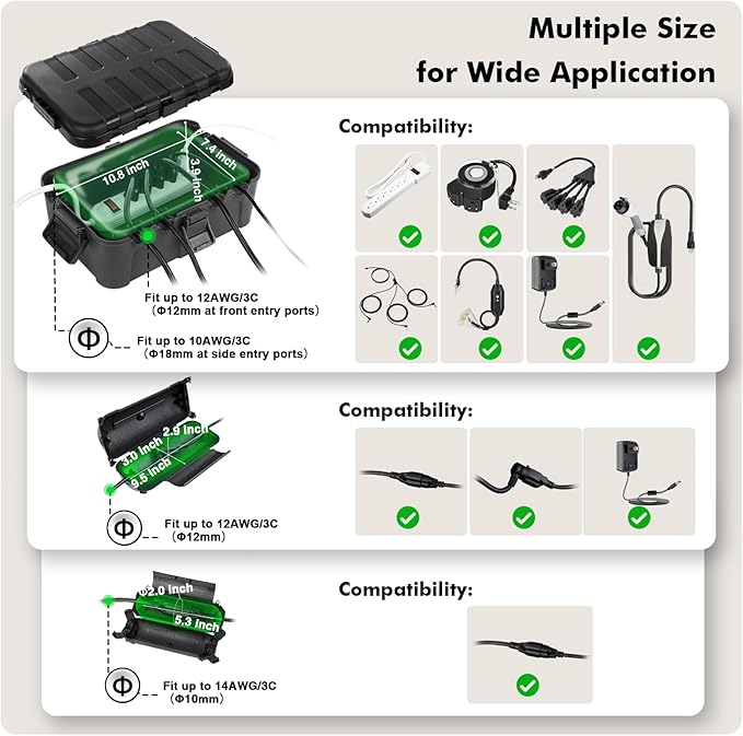 Flemoon [3 Pack] Outdoor Extension Cord Safety Cover with Waterproof Seal, Weatherproof Electrical Connection Box to Protect Outdoor Outlet, Plug, Socket, Christmas Holiday Decoration Light, Black