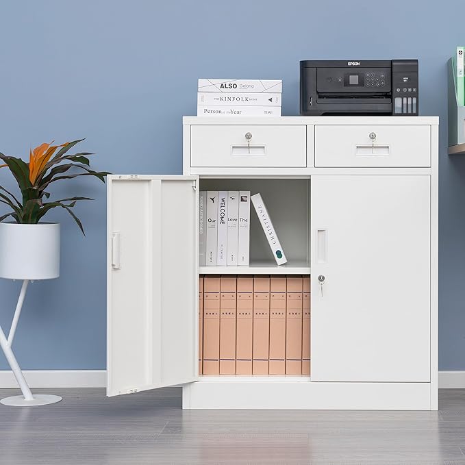 Metal Storage Cabinet, Locking Storage Cabinet with Adjustable Shelf, 36" H Metal Cabinets with Two Drawers for Office, Garage, Home-White