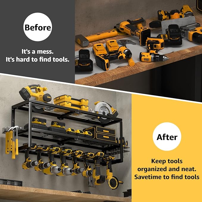 YYR Heavy Duty Power Tool Organizer Wall Mount, Cordless Drill Hanger Storage Rack, Battery Tools Holder with Charging Station Shelf for Garage Organization, Workshop, Pegboard, Shed - 32 Inch 8 Slots