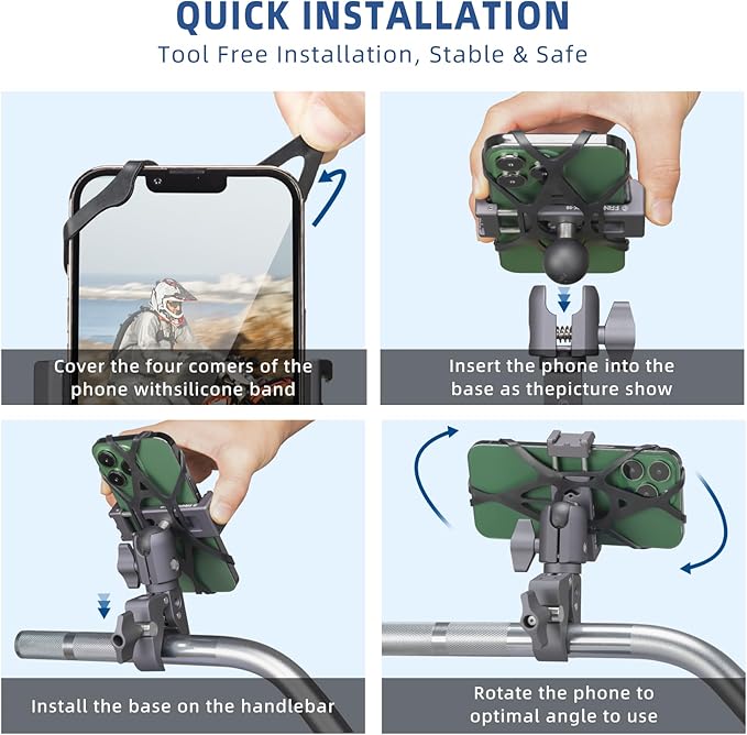 FANAUE Aluminum Phone Holder with 1" Ball Head Adapter - Universal RAM Mounts B Size Compatible, Double Socket Arm Design for Motorcycles/Bikes/ATVs/Cars/Trucks - Secure 360° Rotation