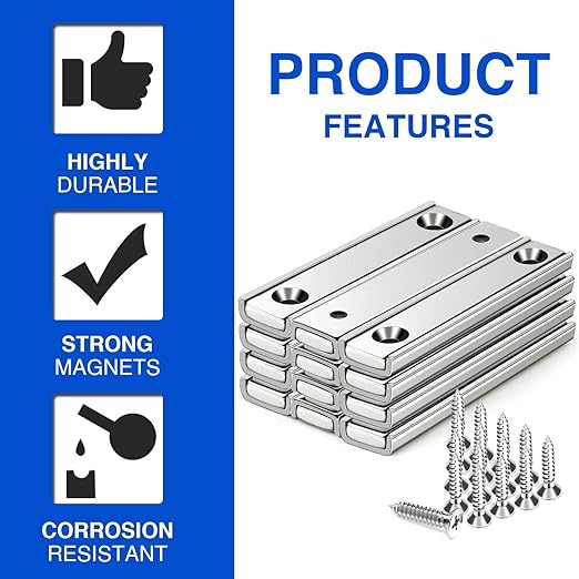 MIKEDE Strong Magnets Bar, 70LB Neodymium Rare Earth Magnet Heavy Duty, 12 Pack Rectangular Magnet with Countersunk Hole and Steel Capsule, Mounting Strips for Home, Garage - 60x13.5x5mm
