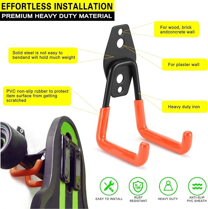 4 Pack Heavy Duty Garage Hooks Storage Organizer Wall Mount Power and Garden Tool Hangers, for Hanging Ladders, Ropes, Hose, Bulk Items