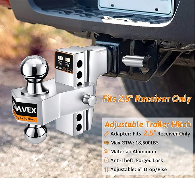 Adjustable Trailer Hitch-Drop Hitch Fits 2.5-Inch Receiver -6" Drop/Rise Tow Hitch with 2" and 2-5/16" Tow Balls-18,500GTW with Double Anti-Theft Pins Locks (Silver)