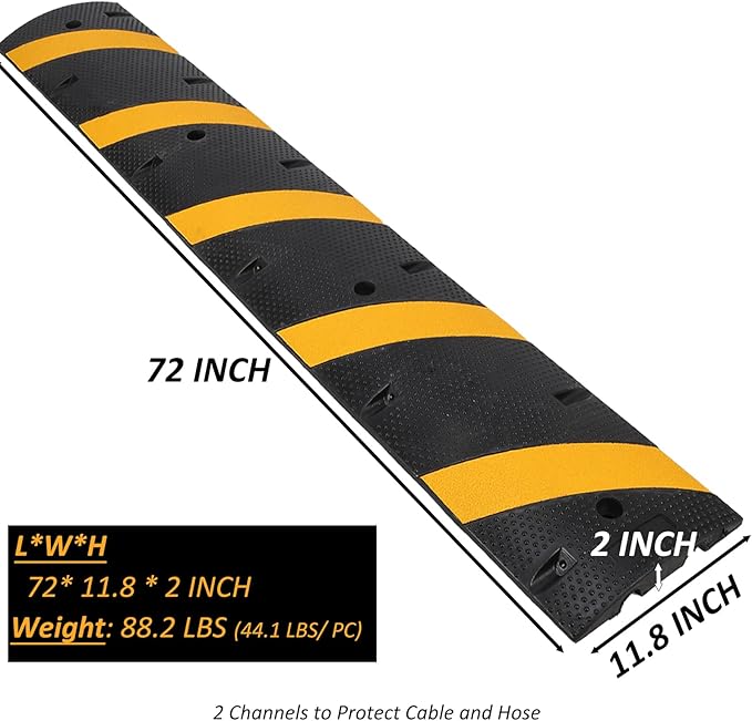 6 Ft Rubber Speed Bump, 2 Pack 2 Channel Modular Heavy Duty Speed Bumps Humps 25000 lbs Load Capacity, Cable Protector Ramp for Asphalt Concrete Gravel Driveway Road
