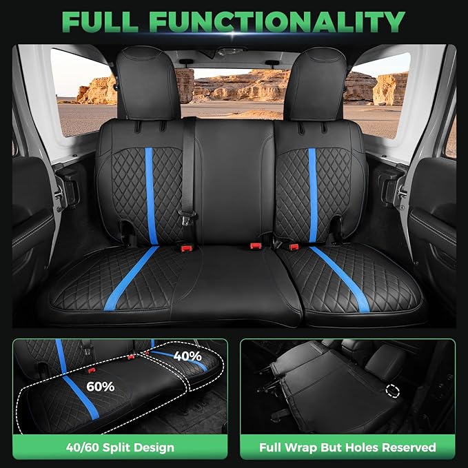 for Jeep Wrangler Seat Covers 4Door JK 2013 2014 2015 2016 2017, Custom Car Seat Cover Full Set, Luxury Leather Seat Protectors, Waterproof SUV Interior Cushions Accessories, Black Blue Trim