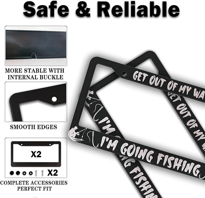 Car License Plate Frame Black and White License Plate Frames Get Out of My Way I'm Going Fish Aluminum Metal Car Accessory 2 Pack with Screw Covers Set