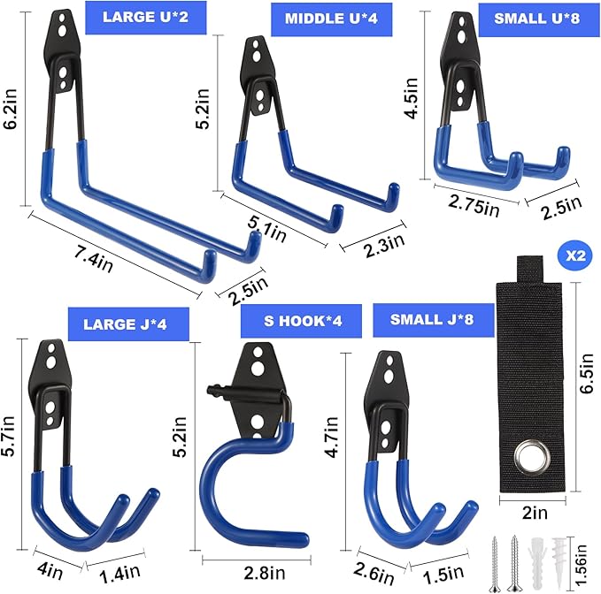 Garage Hook Heavy Duty Wall Storage Hangers, 32 Pack Garage Storage Hooks Steel Tool Blue for Ladders, Ropes, Garden Tools