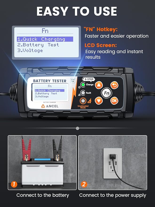 ANCEL BT521 3-in-1 Car Battery Charger, Tester and Maintainer for 12V Lead-Acid Batteries, 5A Smart Trickle Charger and Desulfator with Overcharge Protection & Temperature Compensation, LCD Display