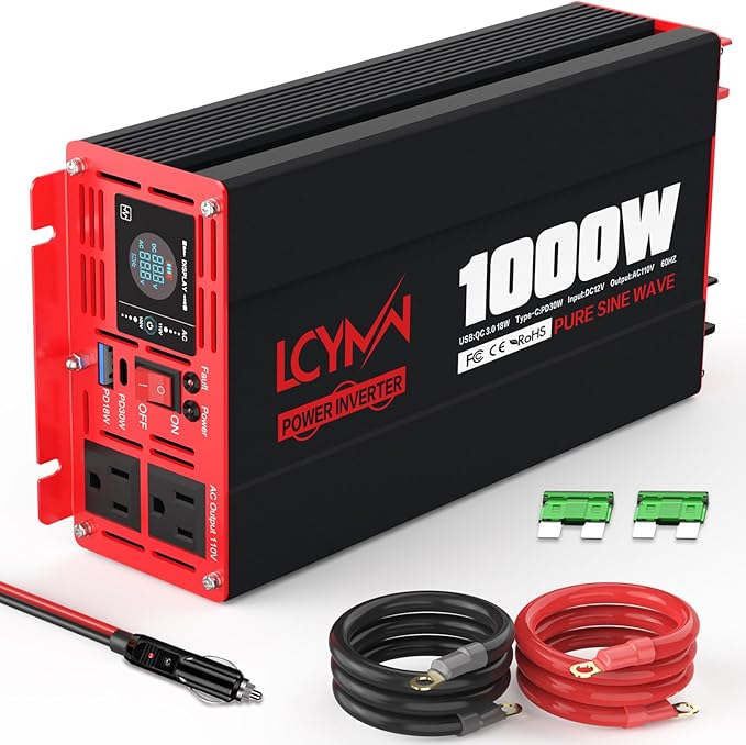 1000 Watts Pure Sine Wave Power Inverter 12V DC to 110V 120V AC Converter for Home RV Off Grid Truck Solar System Inverters with Type-C PD30W USB QC3.0 Port 2 AC Outlets LCD Display and Remote Control