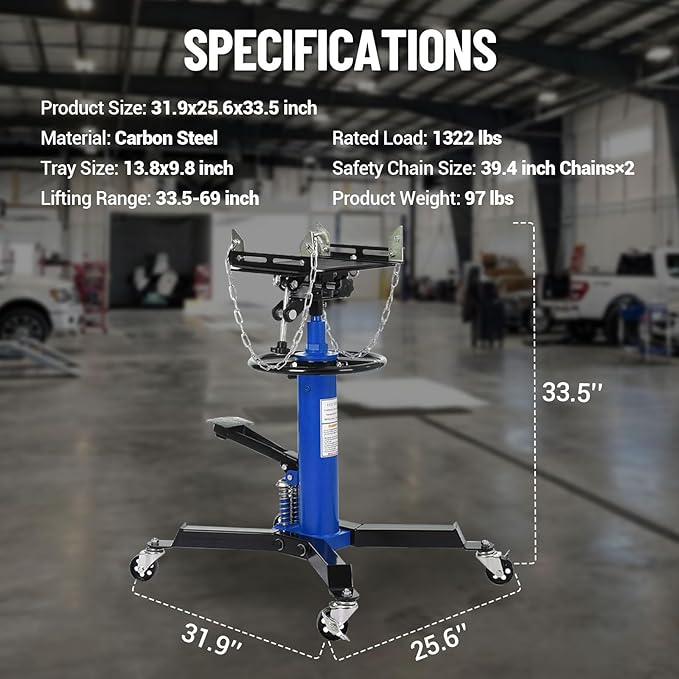 Dual Plunger Hydraulic Transmission Jack 1322lbs Capacity, 33.5"-69" High Lift 2-Stage Hydraulic Telescoping Jack, Trans Jack Stand with 8MM Non-Slip Pad, Foot Pedal & Swivel Wheel, Blue