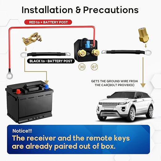 Car Remote Battery Disconnect Switch 12V, 250A Top Post Negative Battery Shut Off Switch Automotive Anti Theft Kill Switch Kit Upgrade Prevent Battery Drain for Truck, RV Auto, Boat