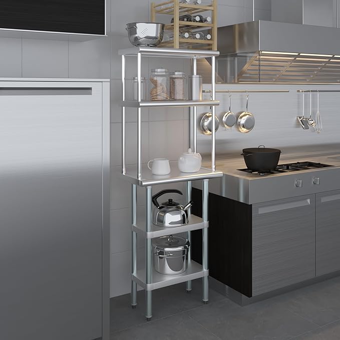 Amgood Stainless Steel Work Table with 2 Shelves and 12" Overshelf - Metal Kitchen Prep Table & Shelving Combo (14" x 24")