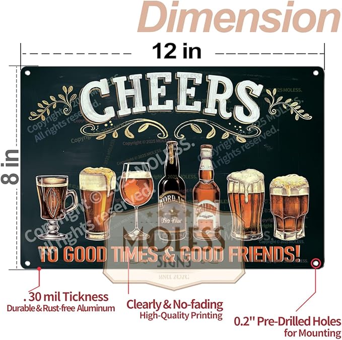 "Cheers to Good Times" Vintage Bar Sign or Man Cave Decor – 12x8″ Durable Metal Beer Signs Wall Decorations for Home Bar/Basement/Garage/Mancave, 2346