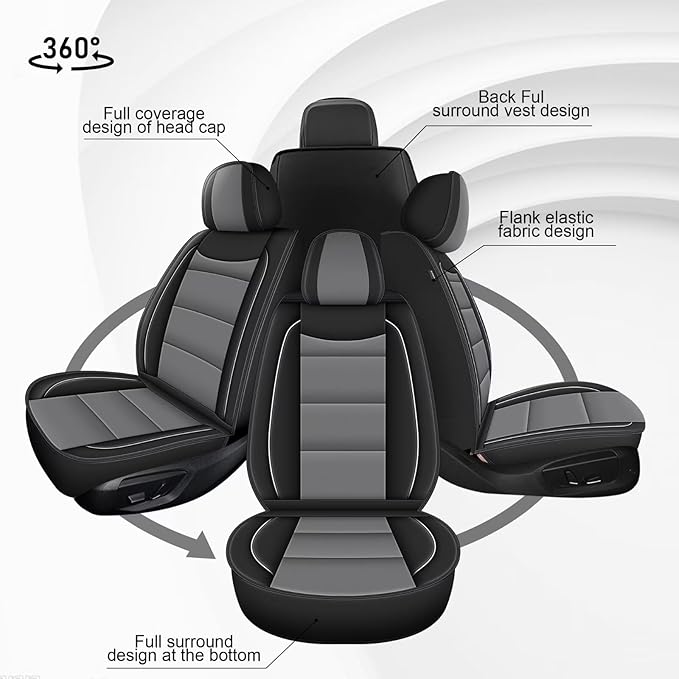 YORKNEIC 2 Front Seat Covers Fit for Hyundai Kona 2018-2024 2025: Leather Car Seat Covers - Waterproof Car Seat Protector Compatible Airbag (Black & Grey)