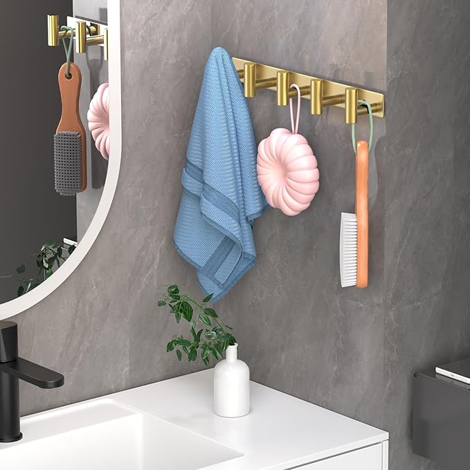 Wall Mounted Coat Rack-5 Hooks, Heavy Duty Stainless Steel Hook Rail for Towel Coat Hat Purse Bag Jacket, Towel Hooks for Entryway Bathroom Kitchen (Gold 5 Hooks - 1 Pack)