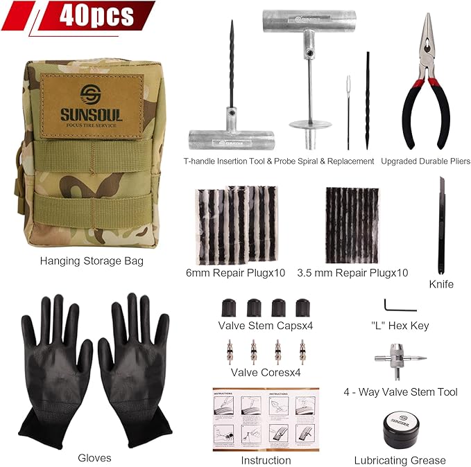 SUNSOUL Portable Tire Repair Kit with Plugs, Heavy Duty Tire Plug Kit, 40PCS Flat Tire Emergency Repair Tool for Car, Motorcycle, Truck, ATV, UTV, RV, Tractor