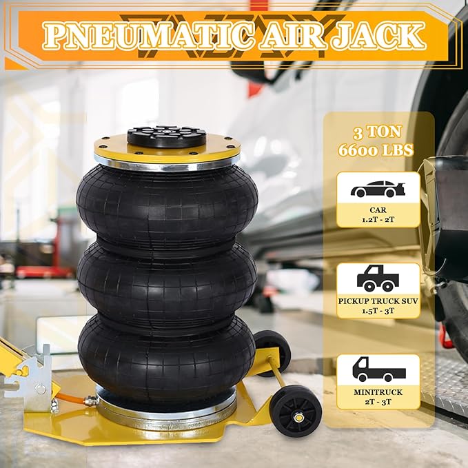 3T Triple Bag Air Jack 6600lbs Pneumatic Jack 3s Fast Lift Up 16in Airbag Jack with Adjustable Long Handle Heavy Duty Triple Air Bag Jack Lift for Cars Garage (Yellow)