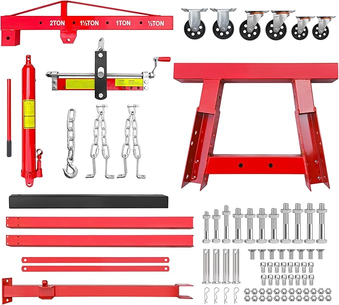 2 Ton Folding Hydraulic Engine Hoist with Leveler, 4000 LBS Heavy Duty Steel Shop Crane Lift with Adjustable Boom and 6 Caster Wheels, Portable Cherry Picker Motor Hoist for Garage, Workshop