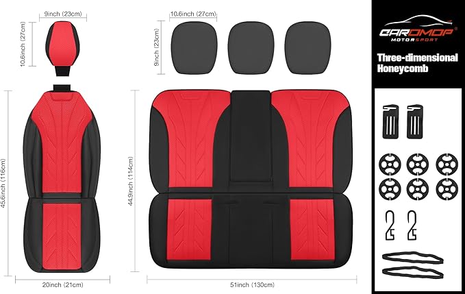 CAROMOP Luxury Faux Leather&Fabric Car Seat Covers 2 Front Seats with Breathable 3D Foam Back Support, Universal Seat Covers for Cars,Trucks,SUVs, Front Armrests Compatible(Black/Red)